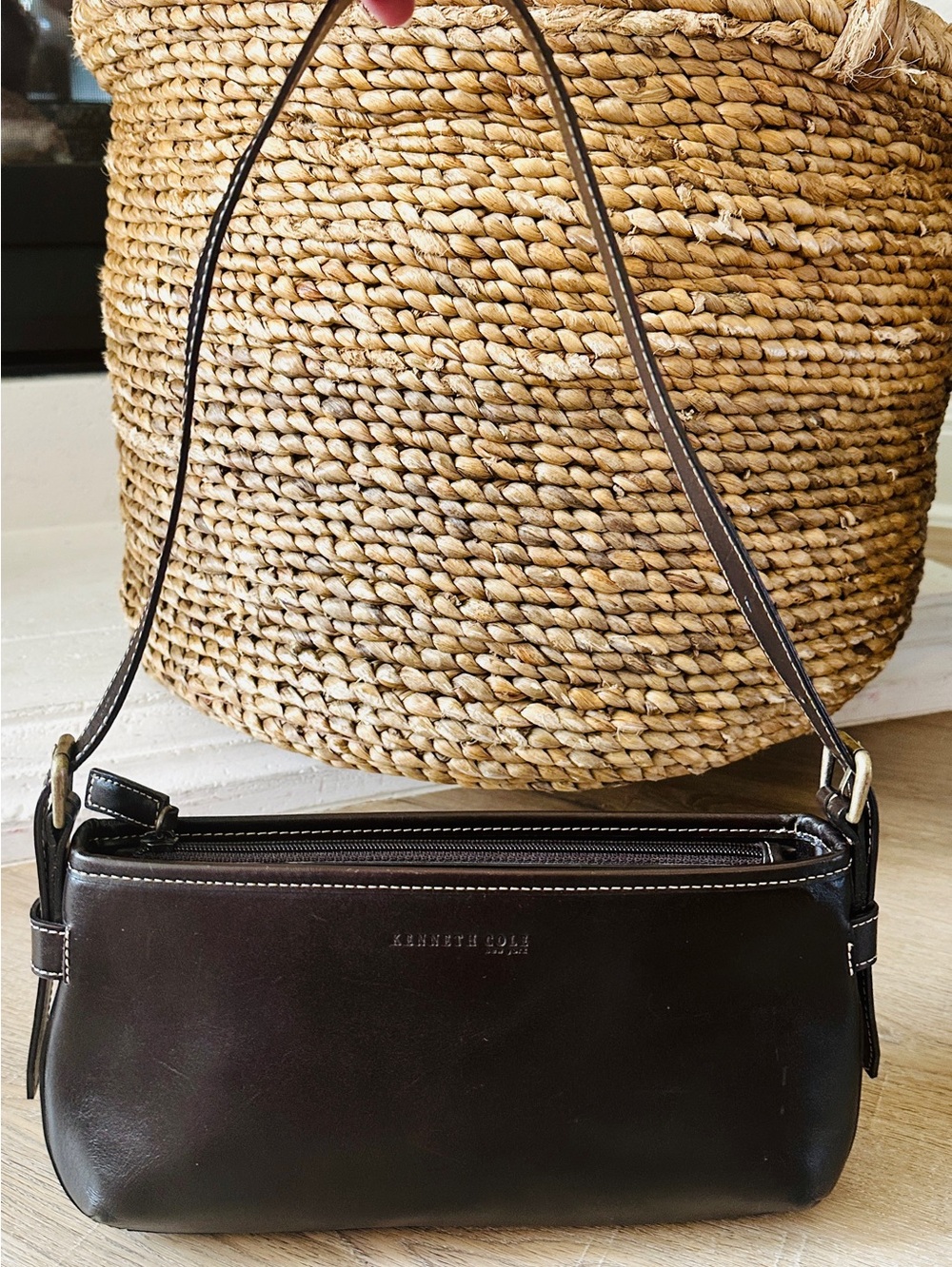 Kenneth Cole New York Dark Coffee Brown Leather Shoulder Bag